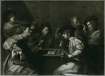 Lute, violin and black curved zink, Italian engraving of the year 1784, 1948