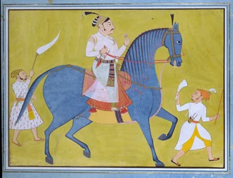 Maharaja Pratap Singh of Sawar Riding, with Two Attendants on Foot