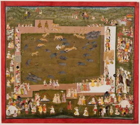 Maharaja Sangram Singh and his court observe a fight between tigers and boars at Sadri, c. 1720