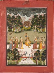 Malar Ragini: Krishna Playing the Flute to Seven Gopis Holding Musical Instruments, c. 1760