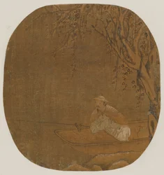 Man Fishing from a Boat Under a Tree