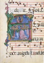 Manuscript Illumination with the Assumption of the Virgin in an Initial A..., Italian, 1450-60.
