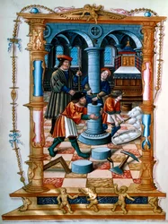Masons building a pillar in a church, c. 1525