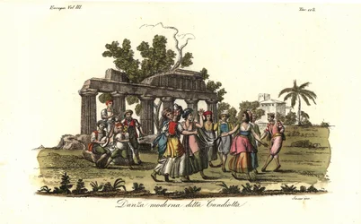 Men and women dancing the modern Candiota or Candiotta dance, popular on the island of Crete in the 18th century
