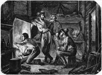 Miners in the Californian Gold Fields Relaxing in Their Log Cabin at Night