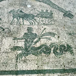 Mosaic, Carts pulled by mules with travellers, Cisarii