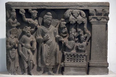 National Museum of India, Delhi. Buddha with Naga-Kalika. Gandhara, 2nd century A.D., Stone. Loan from Mayo College Museum, Ajmer. India.