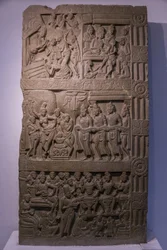 National Museum of India, Delhi. Scenes from the life of Buddha. Ikshvaku, 3rd century A.D. Nagarjunakonda, Andhra Pradesh. Greyish limestone. Detail. India.