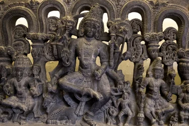 National Museum, New Delhi. Lintel showing the trinity (Brahma, Vishnu and Shiva). Kakatiya