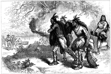 Native Americans Bringing Beaver Skins to European Traders, 17th Century c1880