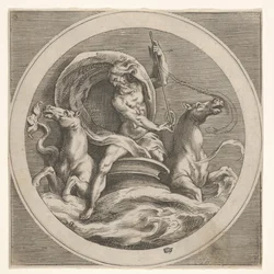 Neptune Rising from the Sea and Bearing a Staff, Accompanied by Two Horse-Headed ..., ca. 1550-1600