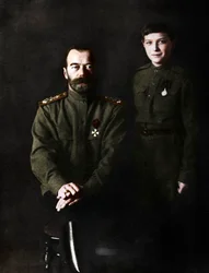 Nicholas II, Tsar of Russia and his son, Alexei, in military uniform