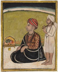 Noble Seated on an Outdoor Parapet Worshiping a Shrine of Krishna Fluting