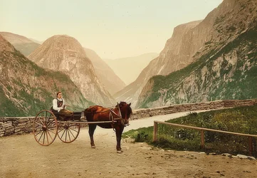 Norwegian Farm Girl on a Horse Cart. Around 1900. Photochrom. Photograph by Photoglob / Zurich
