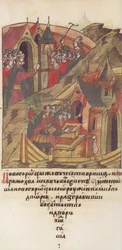 Novgorod veche. Novgorodians plunder the court of Posadnik. From the Illuminated Compiled Chronicle