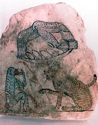 Ostracon Fragment, Cheetah, Bird and Monkey, Egypt