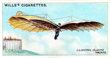 Otto Lilienthal, German gliding pioneer and aeronautical inventor, flying one of his gliders