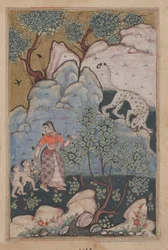 Page from Tales of a Parrot Tuti-nama: Thirtieth night: A woman with two children
