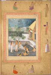 Page from the Late Shah Jahan Album: Harem Night-Bathing Scene