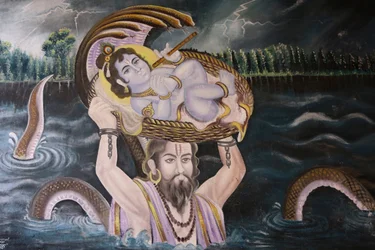 Painting in Gokul: Krishna as a Baby Carried Over the Yamuna River by Vasudeva