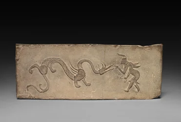 Panel from Model Cooking Stove: Fairy Feeding Lingzhi Fungus to a Dragon, 1st Century BC