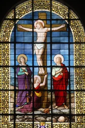 Christ on the Cross Stained Glass in Saint Roch Church, Paris, France