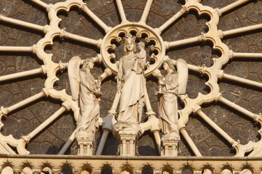 Paris Notre Dame Cathedral west wing: Virgin and Child and Angels, Paris, France