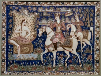 Persian Tile Depicting Kushrau Seeing Shirin Bathing, 19th Century