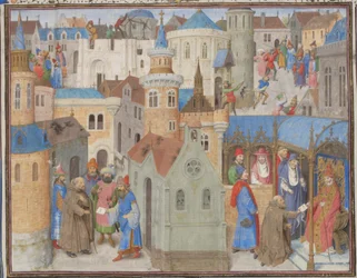 Peter the Hermit hears Pope Urban II at the Council of Clermont. Miniature from the Historia by William of Tyre, 1460s