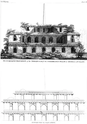 Picturesque Elevation of the Shikar Gah and the Celebrated Pillar at Delhi