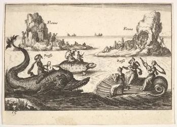 Plate 15: Rivers and goddesses, with floating islands guided by pole bearers, female figures..., 1664.