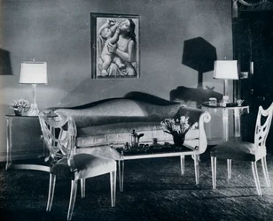 Plexiglas furniture in a 1940s interior
