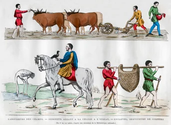 Ploughing, a lord hunting with a bird, a slave, and two servants