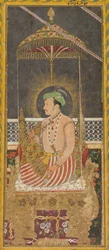 Posthumous portrait of Emperor Jahangir under a canopy recto, Calligraphy verso