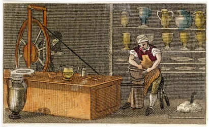 Potter at work at the Wedgwoods Etruria factory, Hanley, Staffordshire, c1830