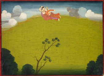 Pradyumna and Mayavati Fly to Dvaraka, from the Large Basohli Bhagavata Purana, c. 1760-1765
