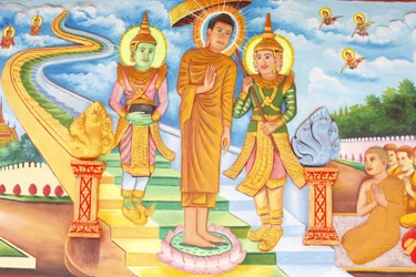 Preah Prom Rath Monastery: Life of the Buddha: Buddha Paying a Visit to Heaven, and Meeting with the Gods Indra and Brahma