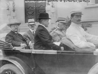 President Roosevelt leaving Institute of Butantan in Sao Paolo with Secretary of State Altino Arantes