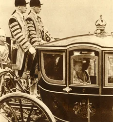 Queen Mary, in her coach of glass, accompanied by Queen Maud of Norway