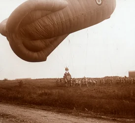 Raising of barrage balloon with basket for observation