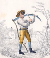 Reaper sharpening his scythe with a whetstone