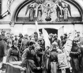 Red Army men confiscating church treasures of the Simonov Monastery, Moscow, USSR, 1925