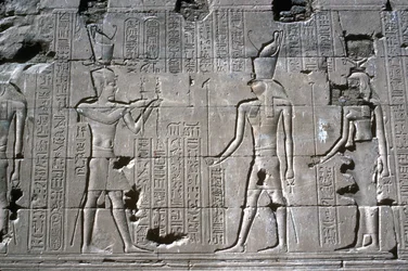 Relief of the Pharaoh before Horus, Temple of Horus, Edfu, Egypt, Ptolemaic Period