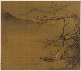 River Landscape: A Man Reading in a Boat Moored Under a Blossoming Tree