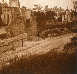 Ruined church and chateau, France, c1914-c1918