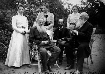 Russian author Leo Tolstoy with visitors, Yasnaya Polyana, Russia