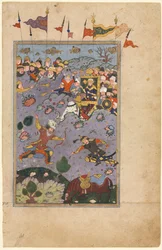 Rustam Meets the Challenge of Ashkabus, from a Shah-nama Book of Kings of Firdausi, c. 1590-1600