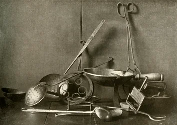 Sadiron, tongs, skimmer, fork, trivets and copper chopping-dish, c18th century