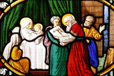 Saint-Corentin Cathedral, Quimper Stained glass: Birth of John the Baptist, Quimper, France