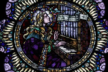 Saint-Pierre le Jeune Catholic Church. Rose window. Saint Cecilia, the musicians